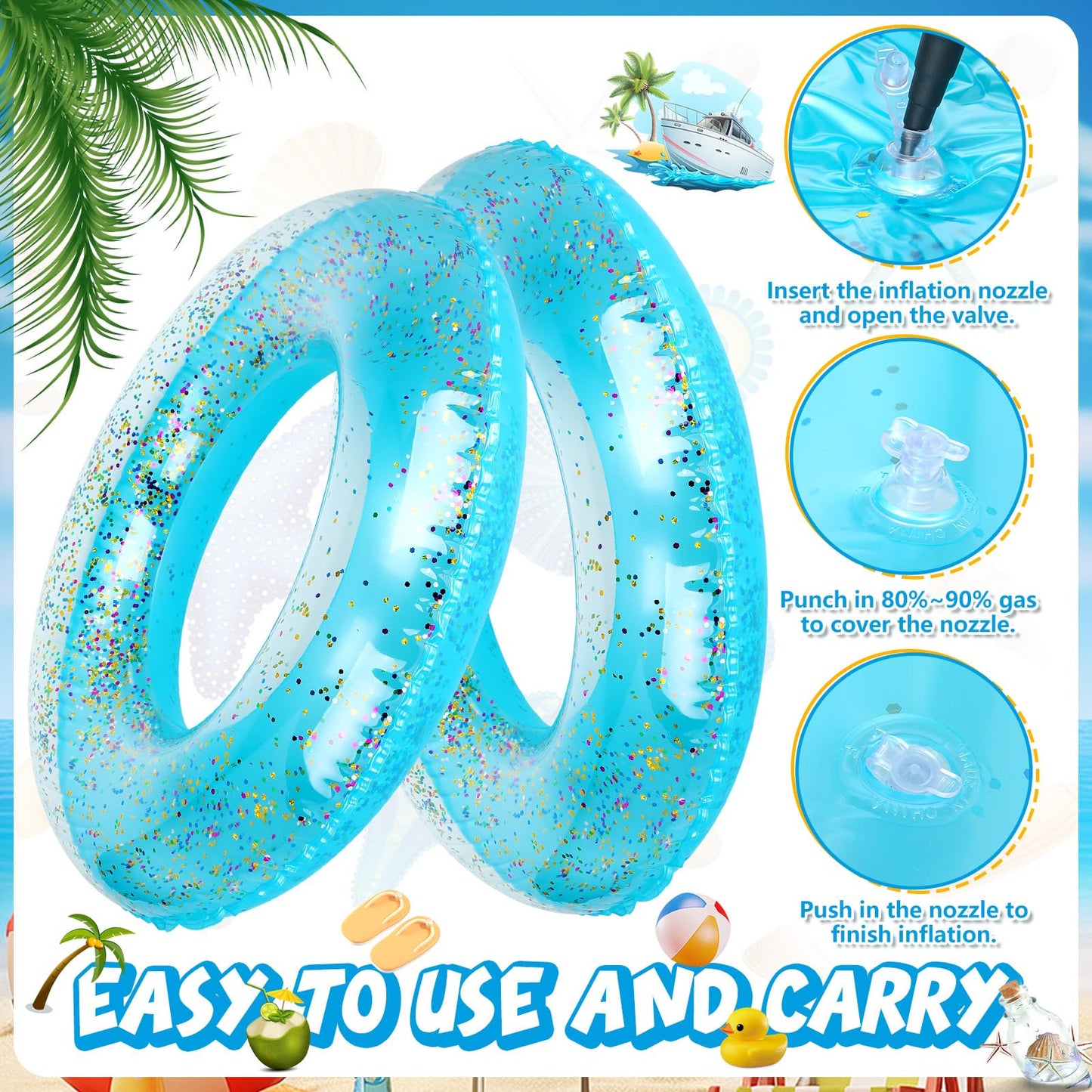 Relaxgiant 12 Pcs Summer Swim Rings with Glitter Fun Inflatable Pool Float Round Shaped Swimming Pool Tubes for Beach Party Supp