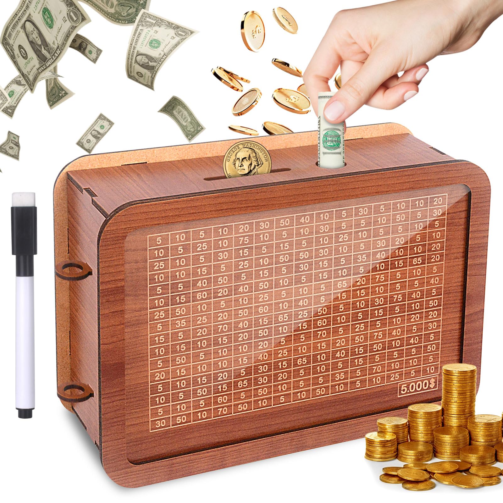 Wooden Piggy Bank Wooden Coin Bank For Adults Kids Money Saving Box With 5000 Dollars Target 5K Savings Challenge Box For Girls