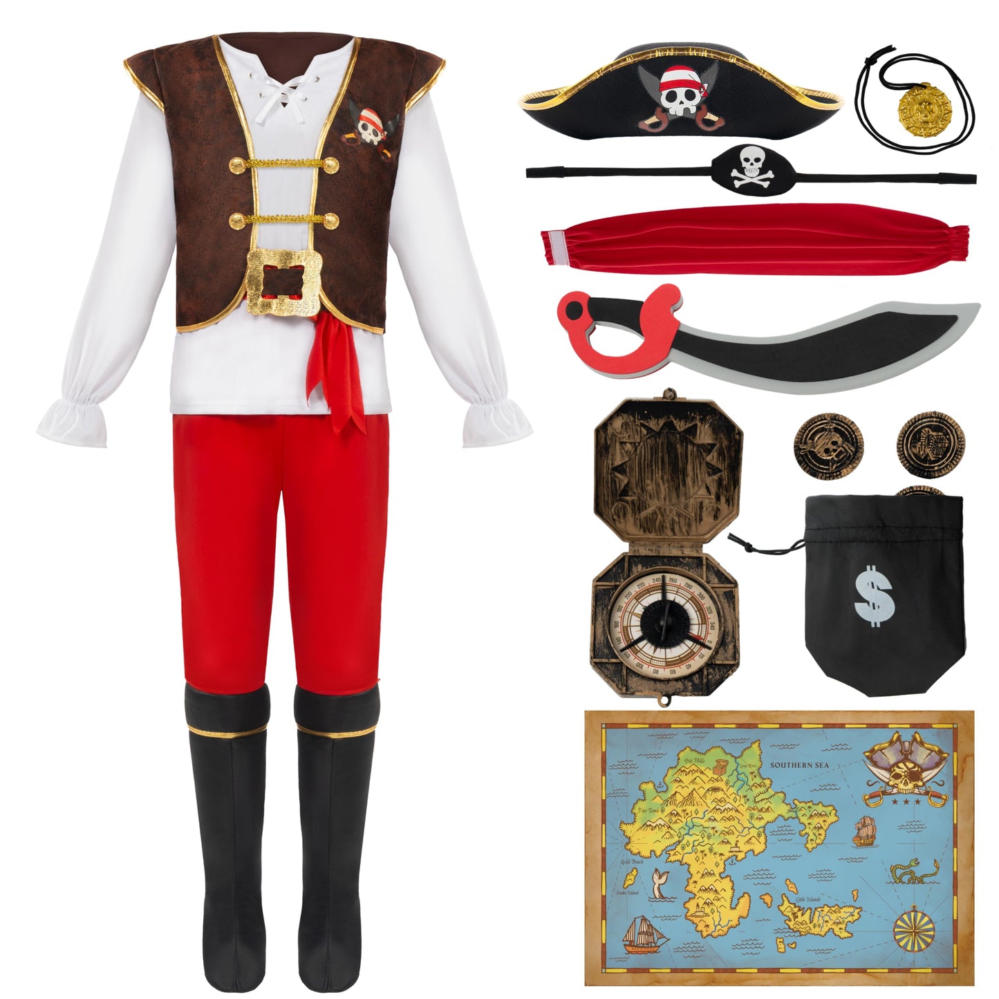 Spooktacular Creations Halloween Pirate Costume Kids  Red Boys Pirate Costume Set  Pirate Accessories Costume for Toddler Dress-Up  Themed Party (Small 5-7)