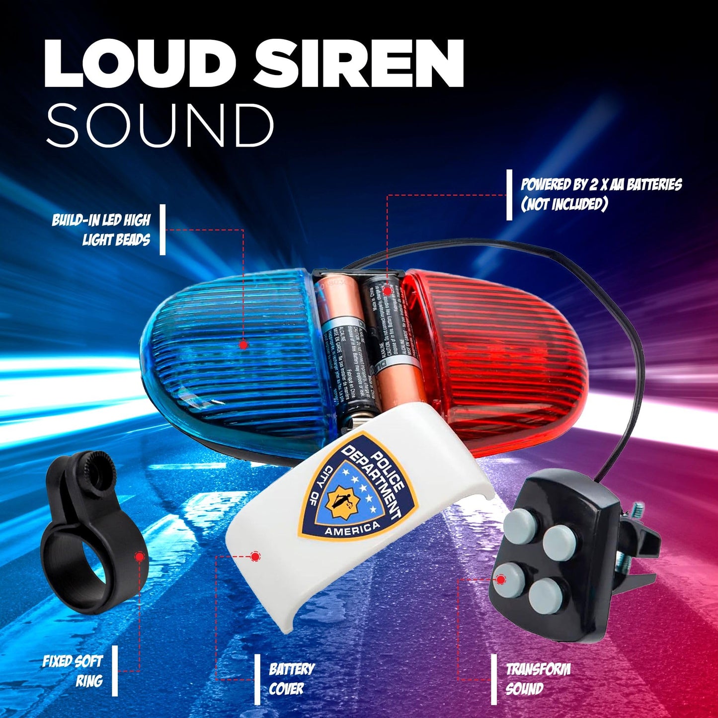 Bike Lights for Kids with Sirens, Police Pretend Play Toy, Safety Light Bicycle Accessories, Waterproof, (Now with Softer Sounds