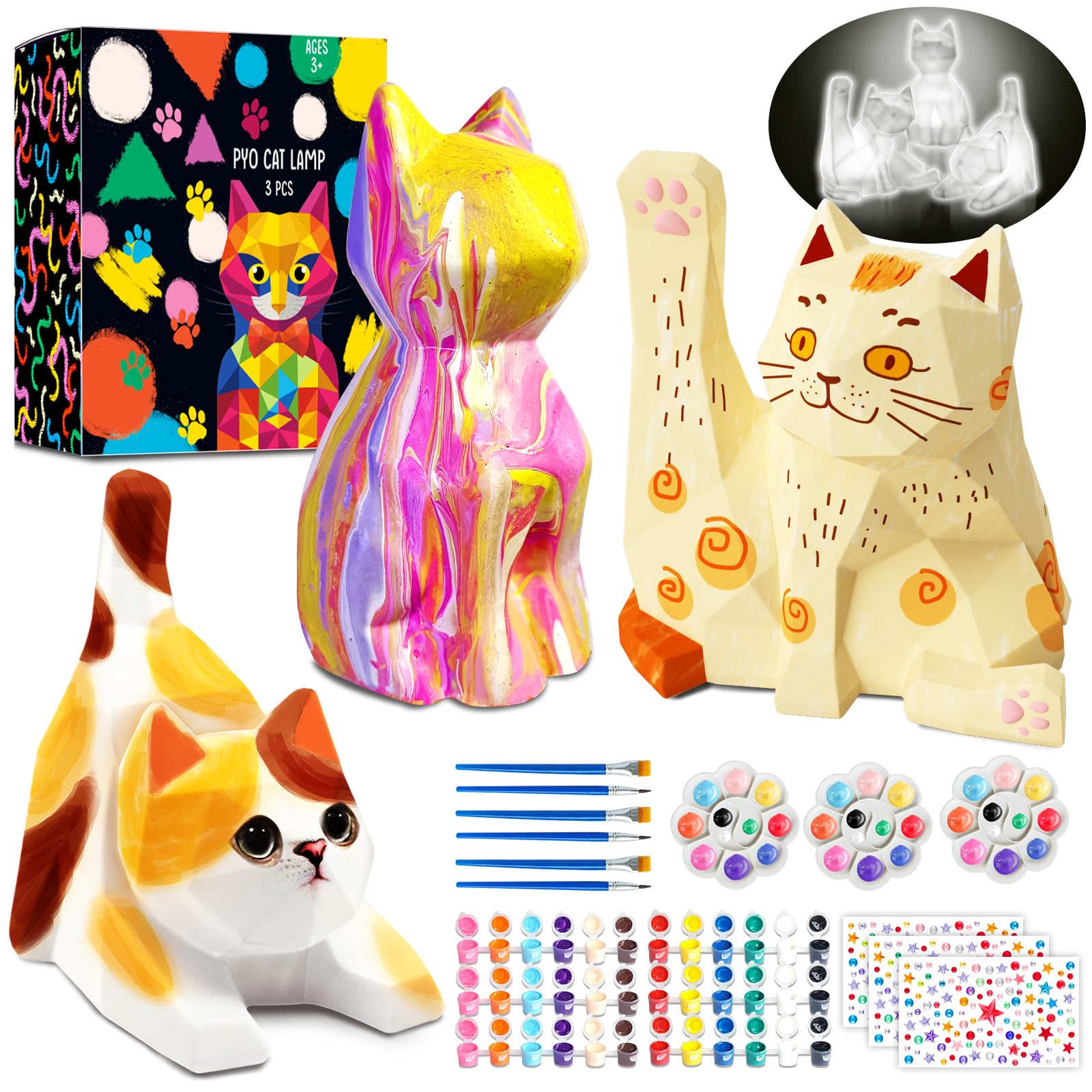 FUNZBO 3pcs Paint Your Own Cat Lamp Kit - Arts and Crafts Supplies Kitten Painting Kits for Kids Teens Adults, DIY Night Light T