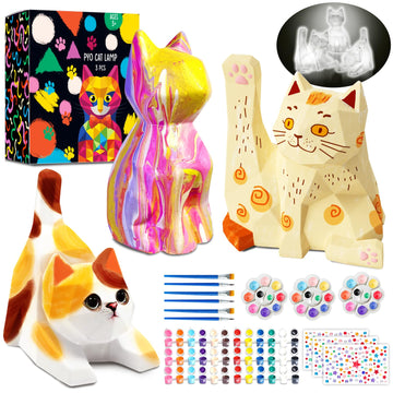 FUNZBO 3pcs Paint Your Own Cat Lamp Kit - Arts and Crafts Supplies Kitten Painting Kits for Kids Teens Adults, DIY Night Light T