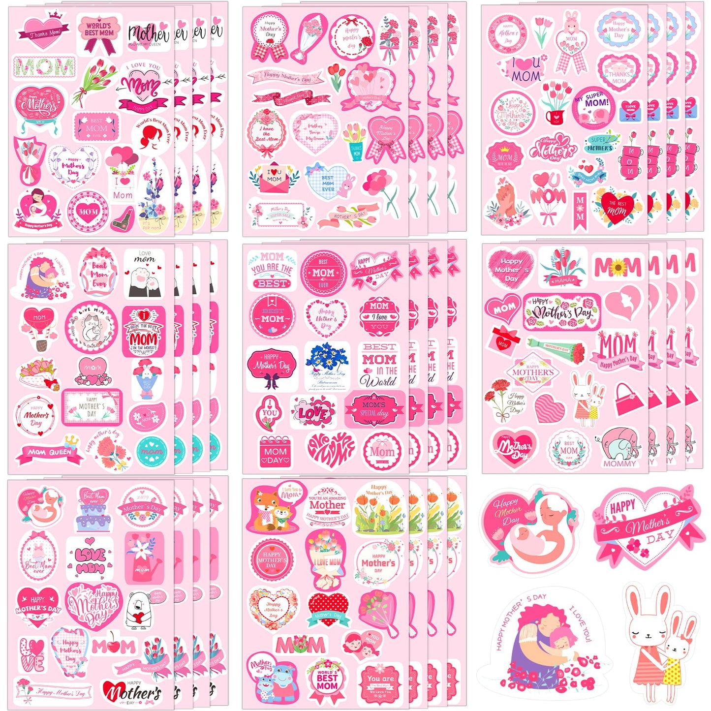 JULMELON 480PCS Happy Mothers Day Stickers, 30 Sheets Cute Mom Stickers Bulk Mothers Day Labels Stickers for Cards Envelopes DI