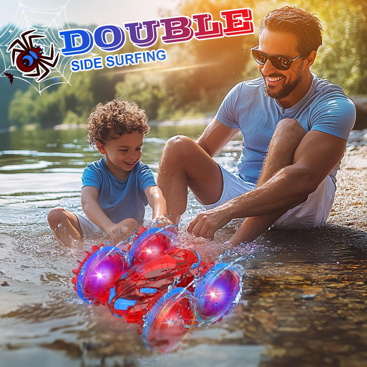 Spider Amphibious Remote Control Car for Kids with LED Lights, RC Boats for Boys Age 6 7 8 9 10 11 12, 2.4GHz 4WD Spide RC Stunt
