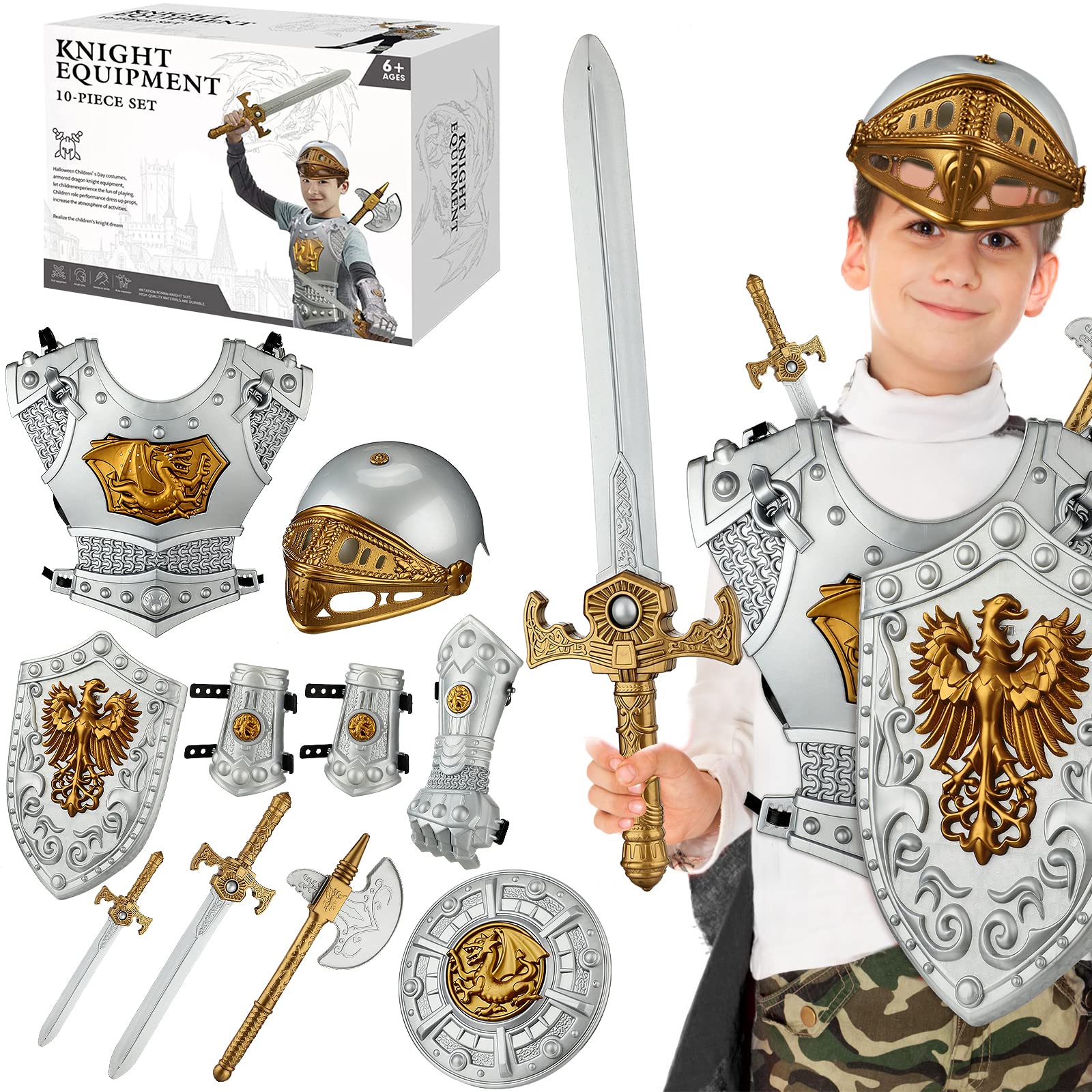 Eurzom 10 Pcs Knight protective covering Set for Kids Medieval Knight Costume with Helmet decorative replica blade Shield  Accessories Halloween Birthday Gifts for Kids Boys Dress up Pretend Role Play