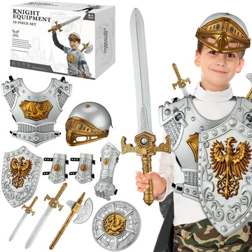 Eurzom 10 Pcs Knight protective covering Set for Kids Medieval Knight Costume with Helmet decorative replica blade Shield  Accessories Halloween Birthday Gifts for Kids Boys Dress up Pretend Role Play