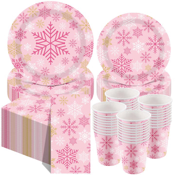 Pickmesh 250 Pcs Christmas Dinnerware Set Pink Gold Silver Snowflake Disposable Paper Plates Napkins and Cups Xmas Luncheon Dinn