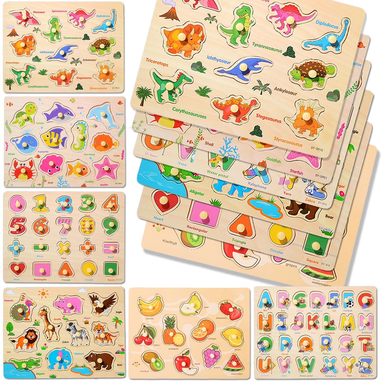 Loyuegiyo 6Pcs Toddler Wooden Peg Puzzle Toys For Age 2-4 3-5 Year Old Boys Girls,Educational Learning Sensory Toy,Puzzles For T