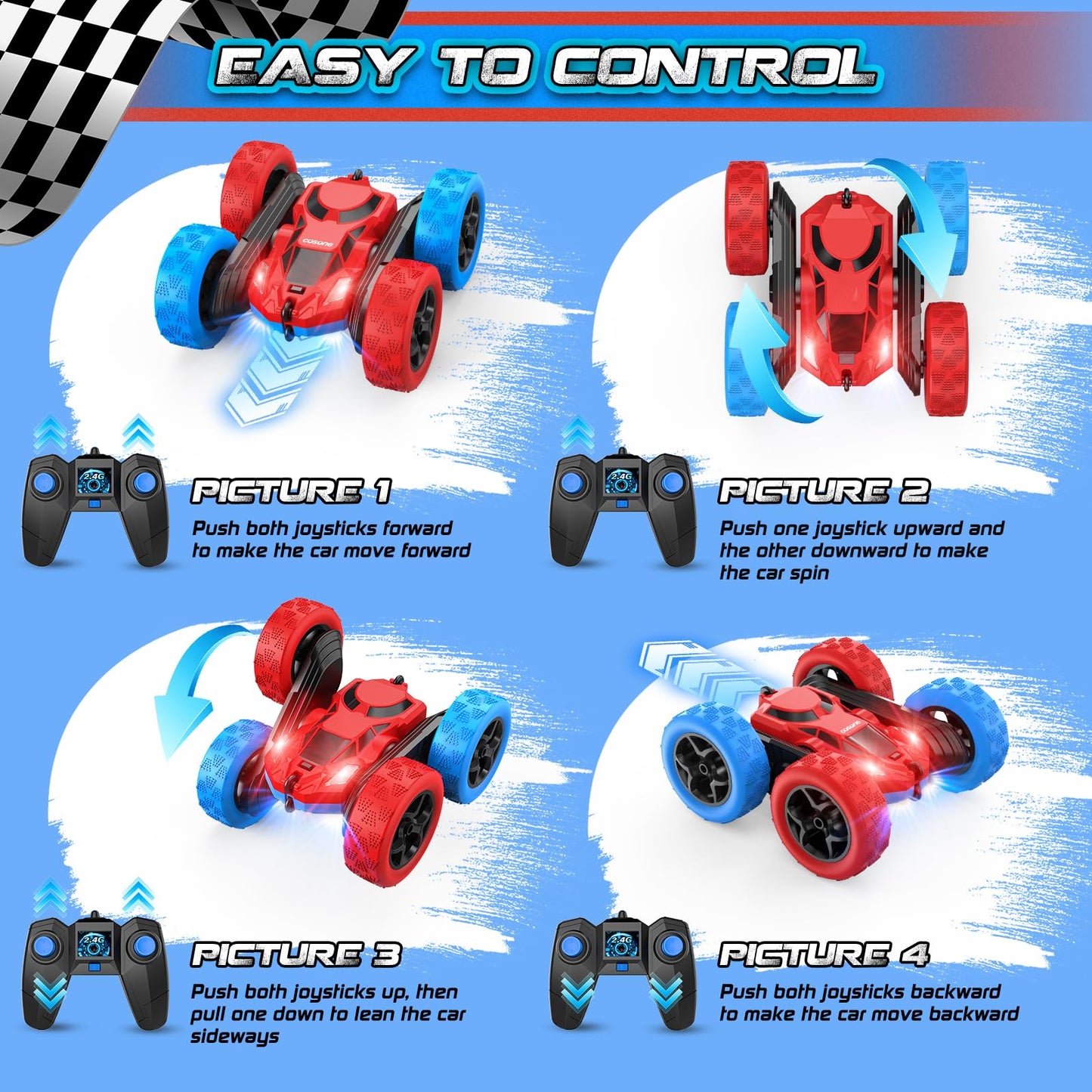 cosone RC Stunt Car for Kids, 360° Rotating, Rechargeable, Model T1, Standard Size, Red & Blue, Perfect Birthday Gift for Ages 6-10