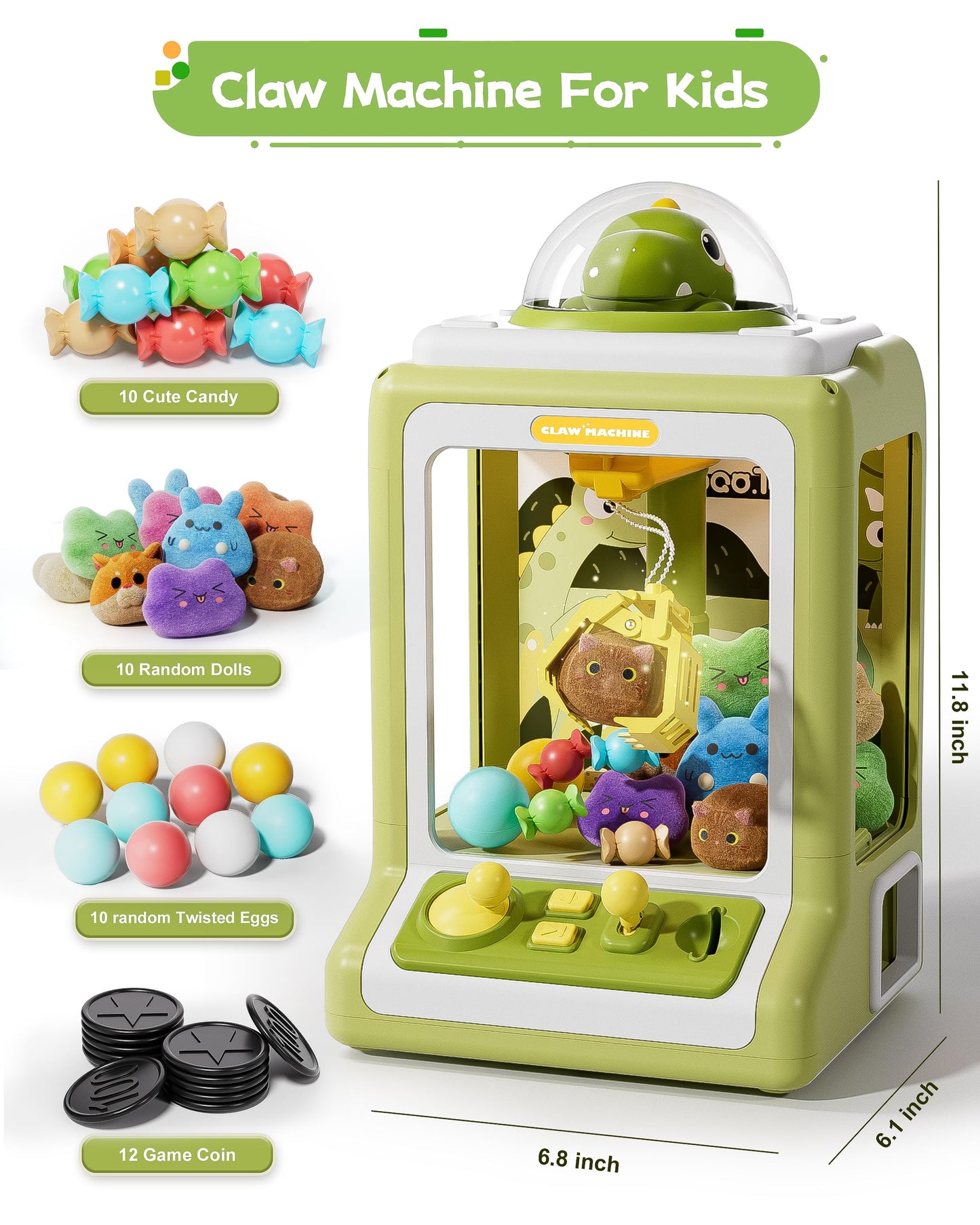 Claw Machine For Kids, Mini Vending Machine With Game Coins & Music, Prize Dispenser Toys For Girls And Boys, Electronic Claw Game Machine For Party Birthdays, Includes 30 Mini Toys (Dinosaur)