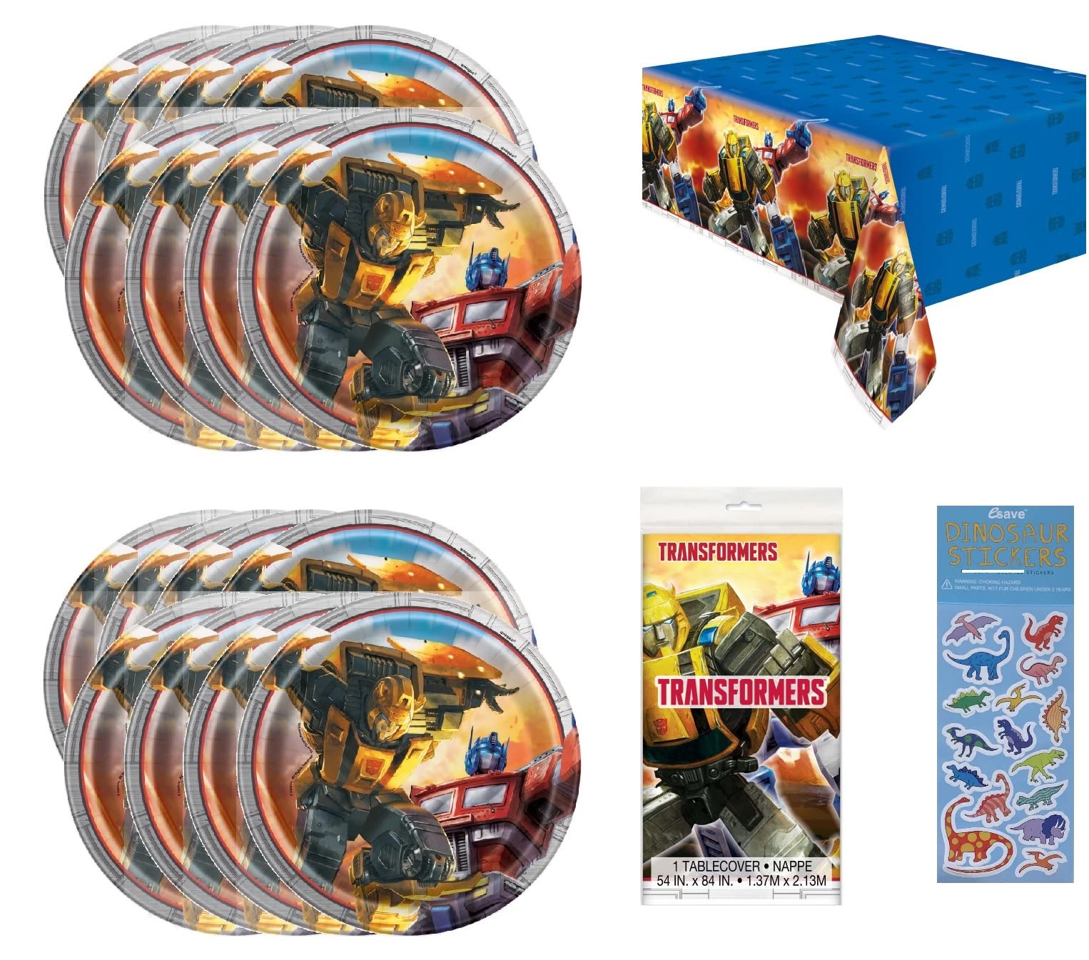 Transformers Party Supplies Bundle Pack includes 16 Dessert Cake Plates, 1 Plastic Table Cover