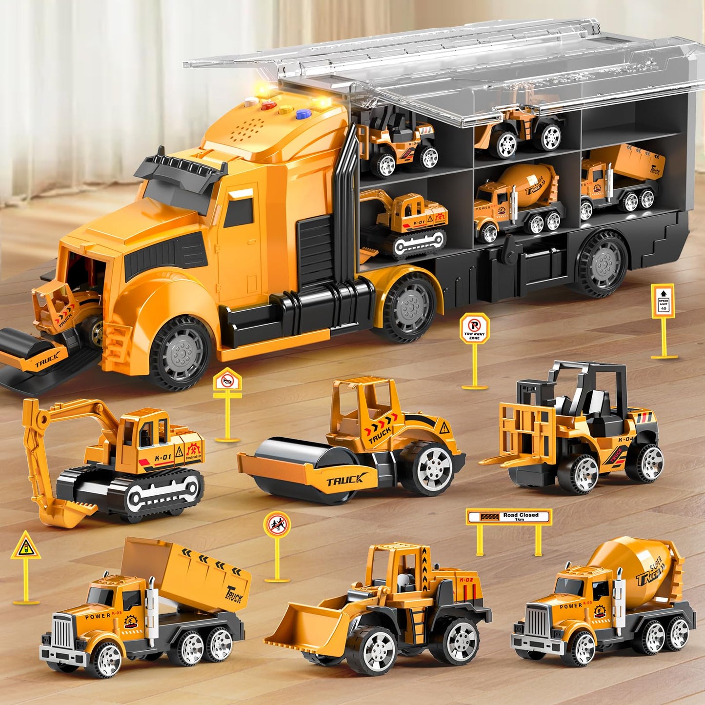 NIPLOOOW Construction Trucks Toy Set with Play Mat, Carrier Truck Play Vehicles Set for 3 4 5 6 Years Old Boys Kids, Die-Cast Ca