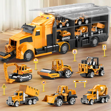 NIPLOOOW Construction Trucks Toy Set with Play Mat, Carrier Truck Play Vehicles Set for 3 4 5 6 Years Old Boys Kids, Die-Cast Ca