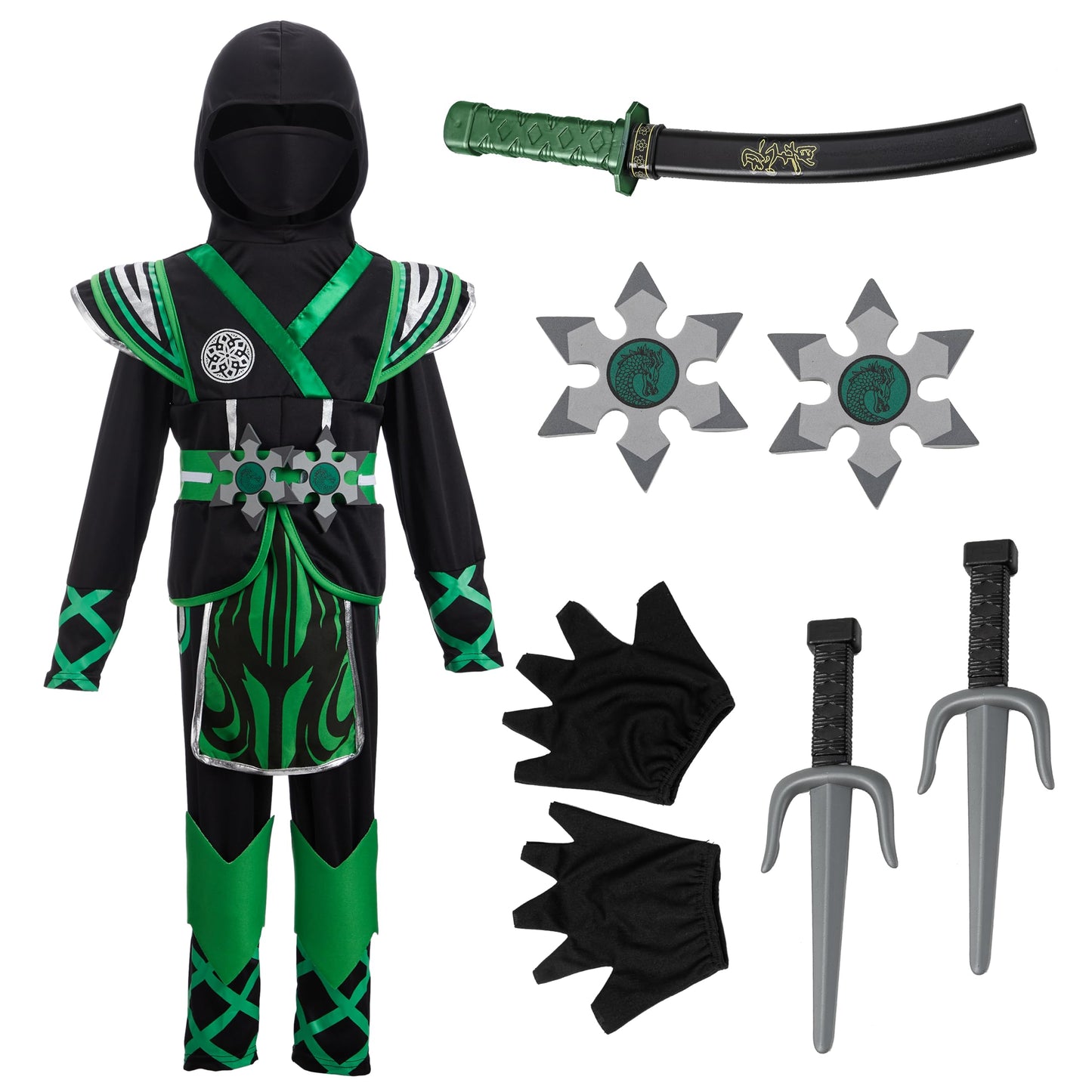 Spooktacular Creations Kids Green Ninja Costume, Child Boy Ninja Costume For Kids Toddler Ninja Themed Parties, Halloween Costume Dress Up (Large(10-12 Yrs))