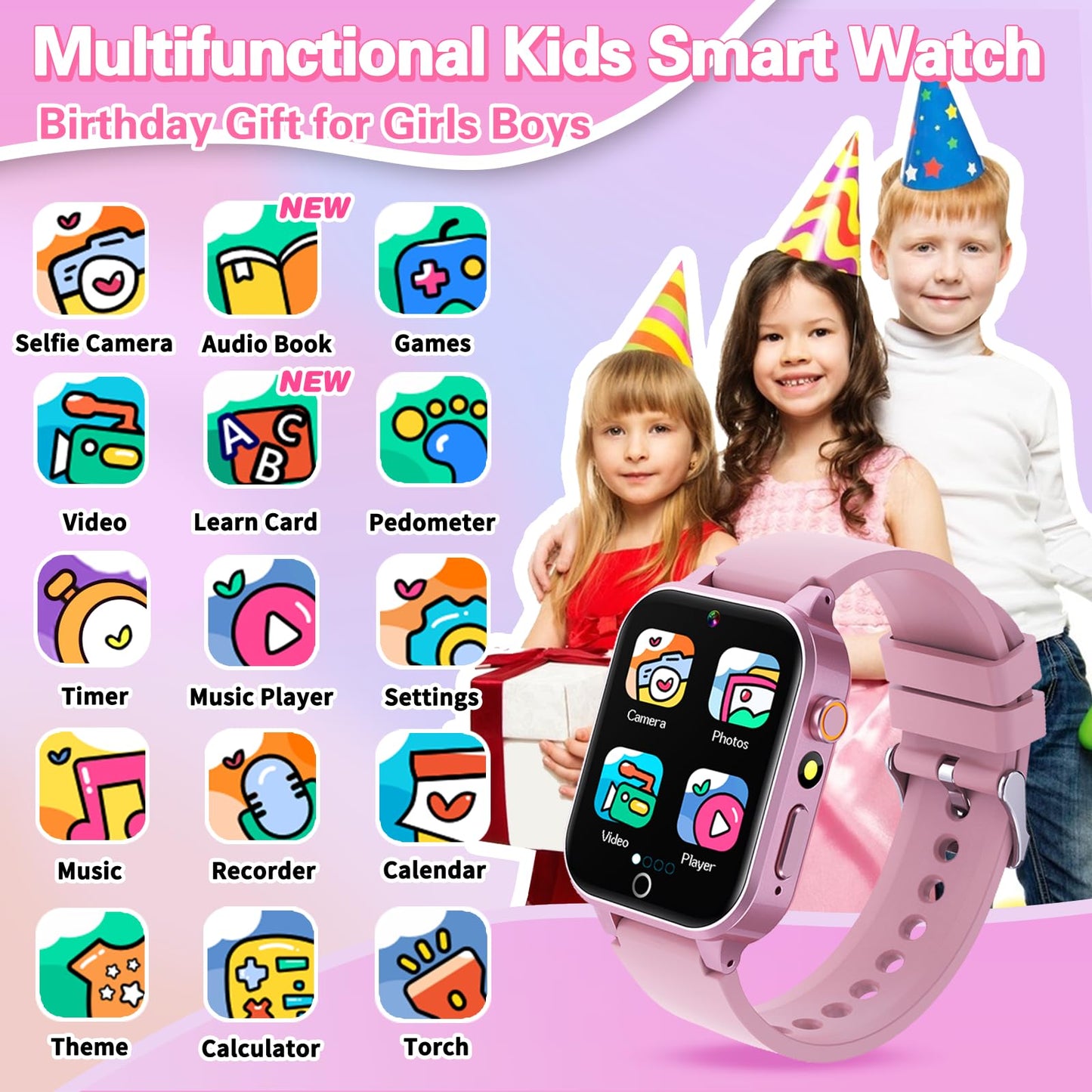 Vakzovy Kids Smart Watch for Girls 6-12, Pink HD Touchscreen, 26 Games, Video Camera, Music, Pedometer - Educational Birthday Gift