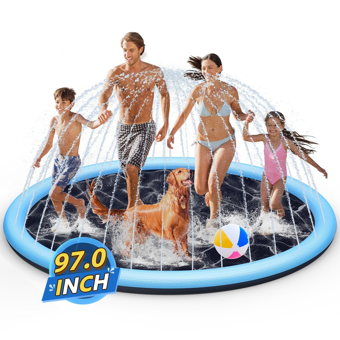 Splash Pad Sprinkler For Kids, 97'' Extra Large Non-Slip Baby Play Mat - 2 Colors, Dog Pool Toys, Toddler Outdoor Toys For Ages