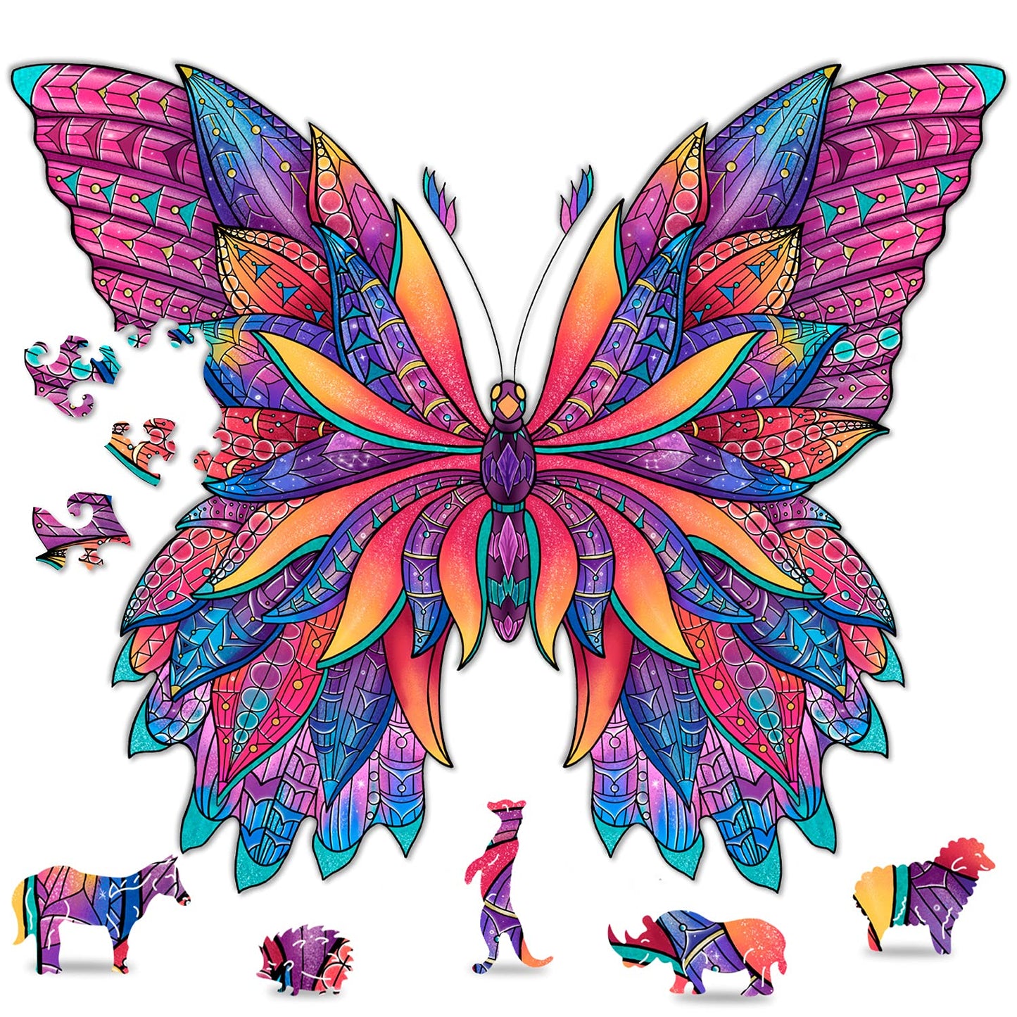 Hodslen Woods - Animal Wooden Jigsaw Puzzles for Kids (12+ Years) mature-themed  Teens  Family; Majestic Animal Shaped Natural Wood Puzzle  Medium Level 15x15 in. (38x38 cm) 180 pcs  XL - Size - Butterfly