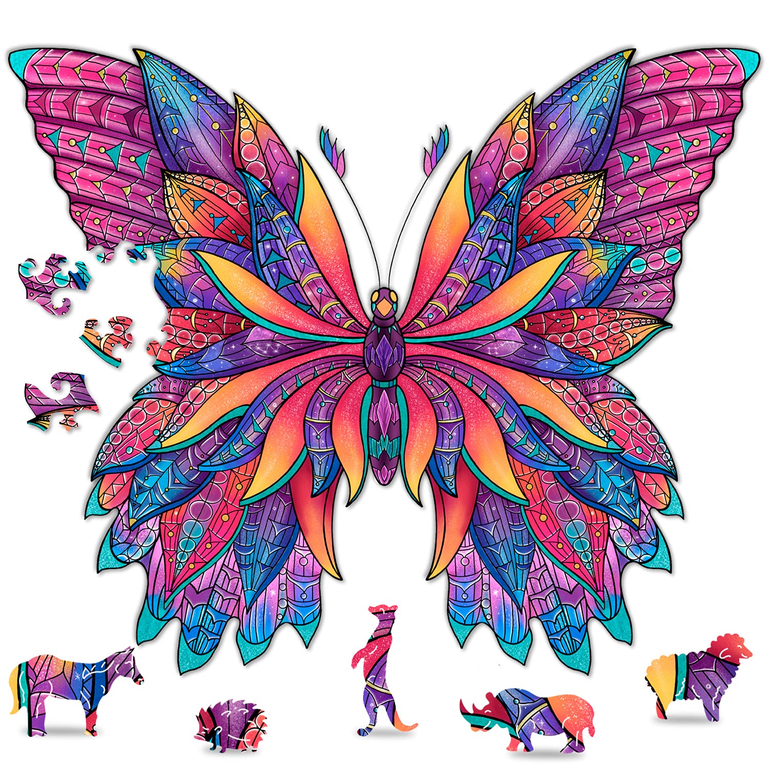 Hodslen Woods - Animal Wooden Jigsaw Puzzles for Kids (12+ Years) mature-themed  Teens  Family; Majestic Animal Shaped Natural Wood Puzzle  Medium Level 15x15 in. (38x38 cm) 180 pcs  XL - Size - Butterfly