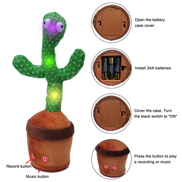 Proweber Dancing Cactus Toy With Music, Lights - Talking, Recording, Repeating Mimic Toy For Babies, Toddlers - Cute Green Cacti Stuffed Plush W/120 Songs, Fun Educational Toy Gift For Kids Baby