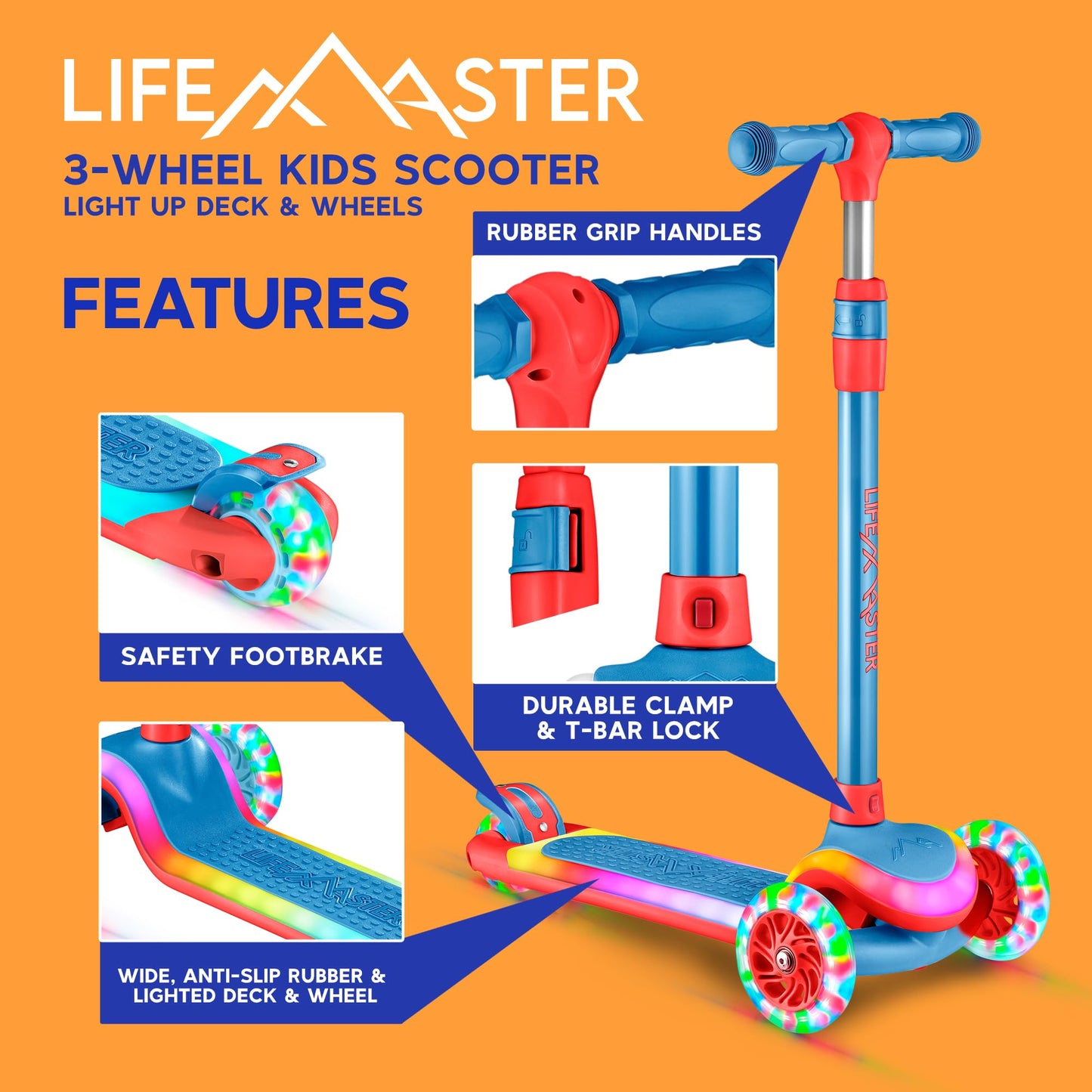 Lifemaster 3-Wheel Kids Scooter With Multi-Color Lights On Deck & Wheels - 5-Height Handlebar, Wide Anti-Slip Deck, Child Safety