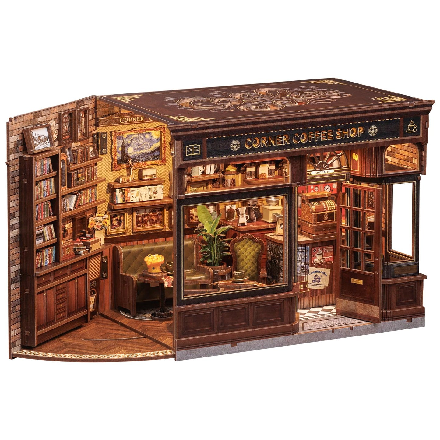 CUTEBEE Book Nook Kit  DIY Miniature House Kits for mature-themed and Teens  Dollhouse Booknook Tiny House  Bookshelf 3D Wooden Puzzle  DIY Craft Gifts for Family and Friends (Corner Coffee Shop)
