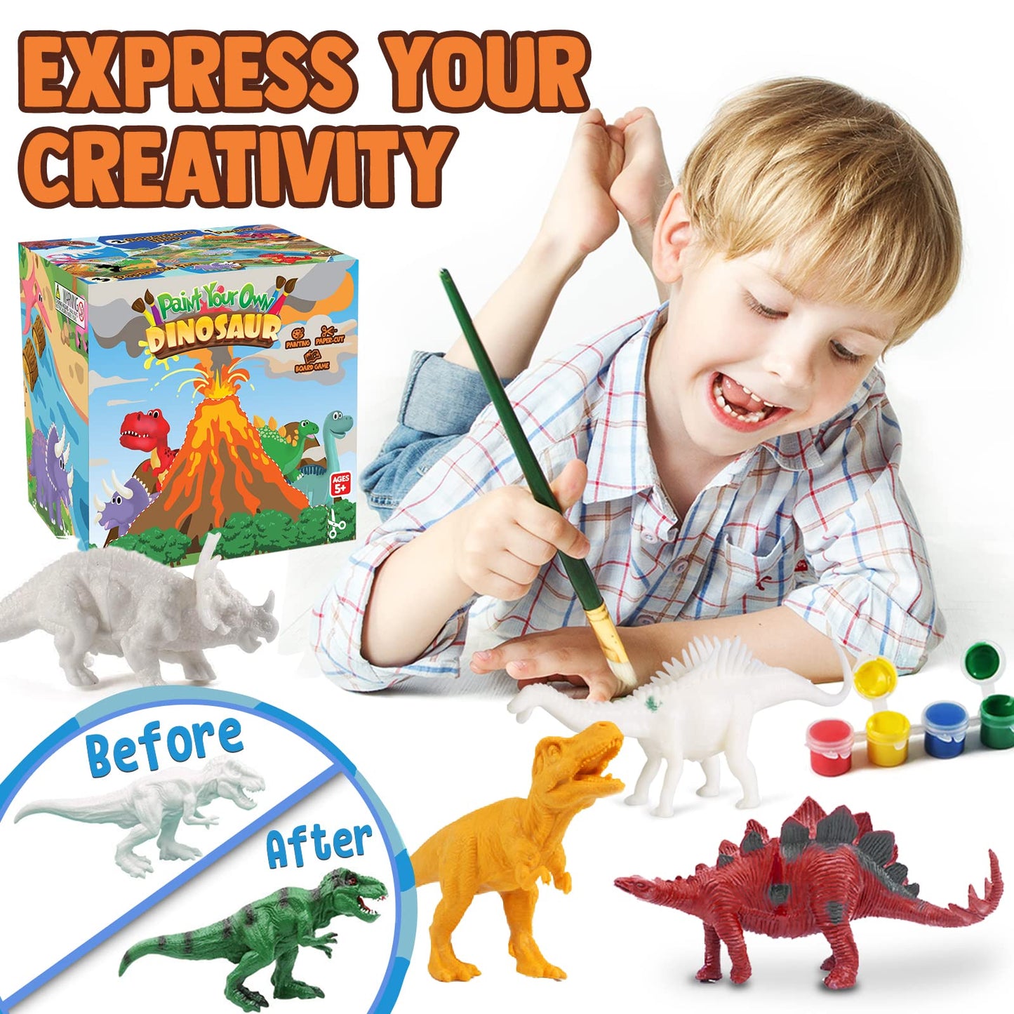 Funzbo Dinosaur Painting Kit - Dinosaur Toys For Kids 3, 4, 5, 6, 7,8 9 Years Old, Christmas Gifts For Kids, Painting Set For Kids, Art Set For Kids With Painting Tools, Art Supplies, Toys For Boys