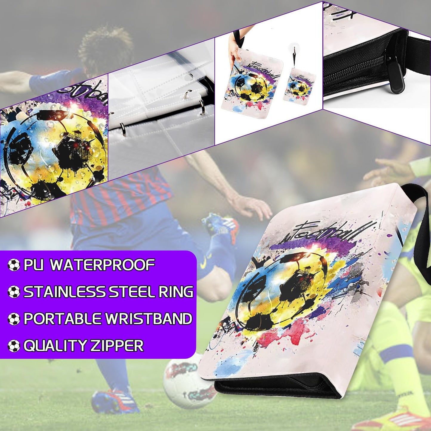 ShrewdYuya Soccer Card Binder-440 Pockets enhanced Trading Card Binder  Double-Side Collectible Sports Cards Binder Compatible with Soccer/Baseball/Football Cards  Waterproof PU Zippered Card Holder