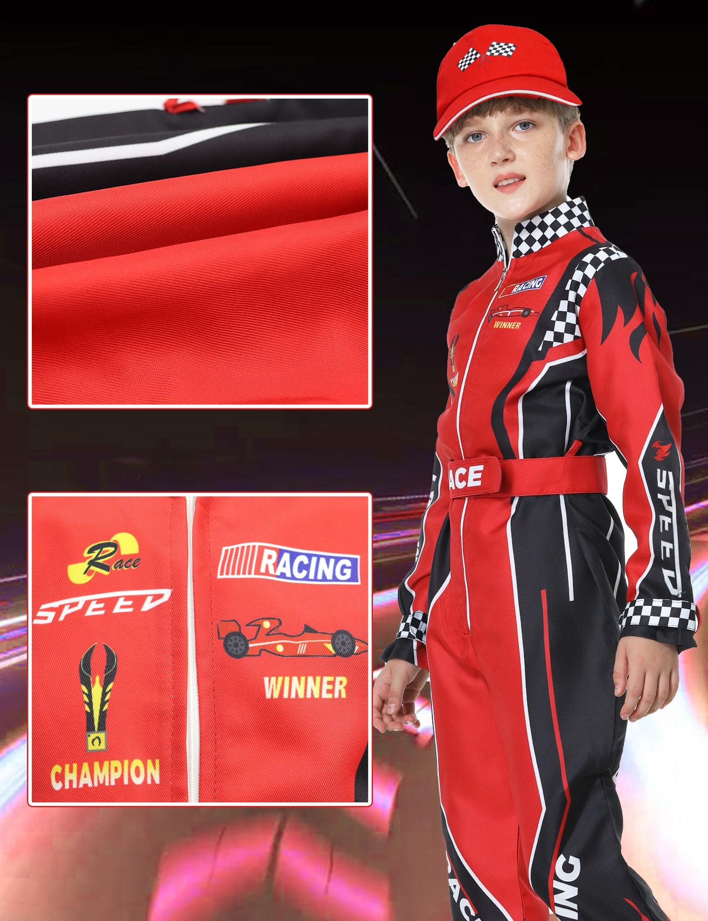 Treyrea Race Car Driver Costume Boys Racer Jumpsuit With Car Cap Kids Dress Up for Halloween (Red and Black  L(for height 54 -57 ))