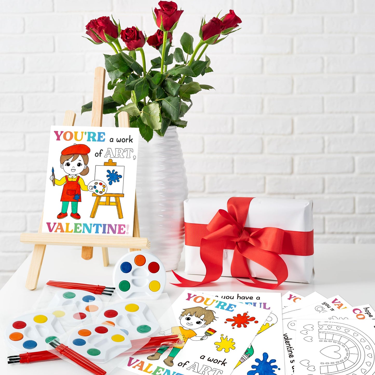 CPicdn 24 Pack Valentines Day Gifts Mini Watercolor Kids Paint Set, DIY Valentines Greeting Card Watercolor Paint Bulk for Boys