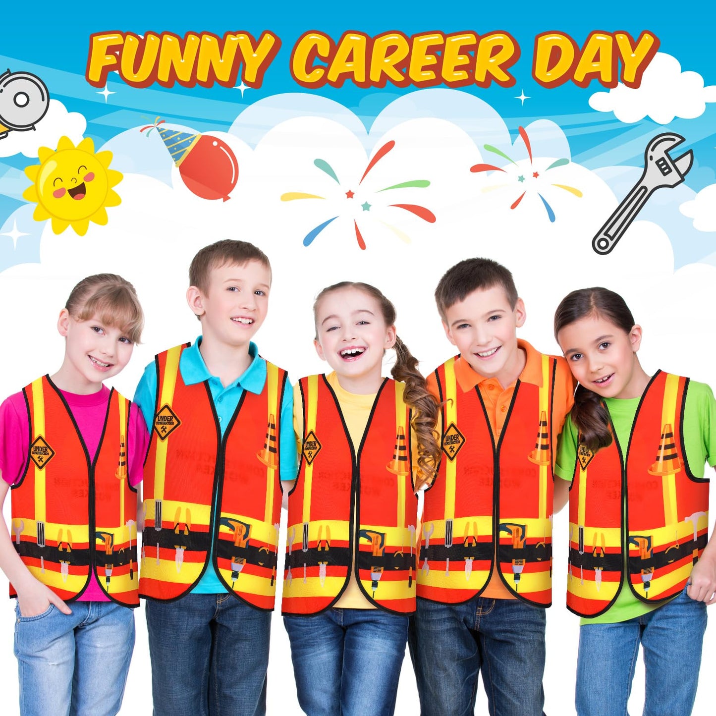 Panitay 12 Pcs Kids Community Helper Dress Up Vest Career Cosplay Cloth Toddlers Occupation Role Play Costume Supplies (Construc