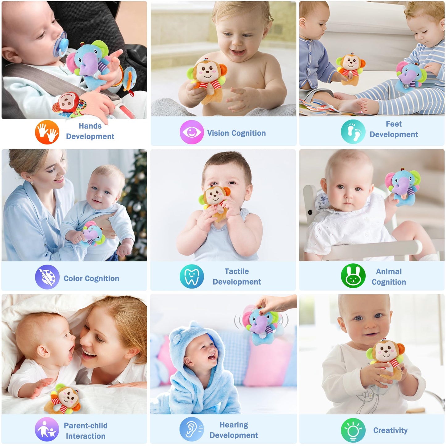 Baby Car Seat Toys, Infant Soft Plush Rattle, Cute Animal Doll,Early Development Hanging Stroller Toys for Newborn Boys Girls Gi