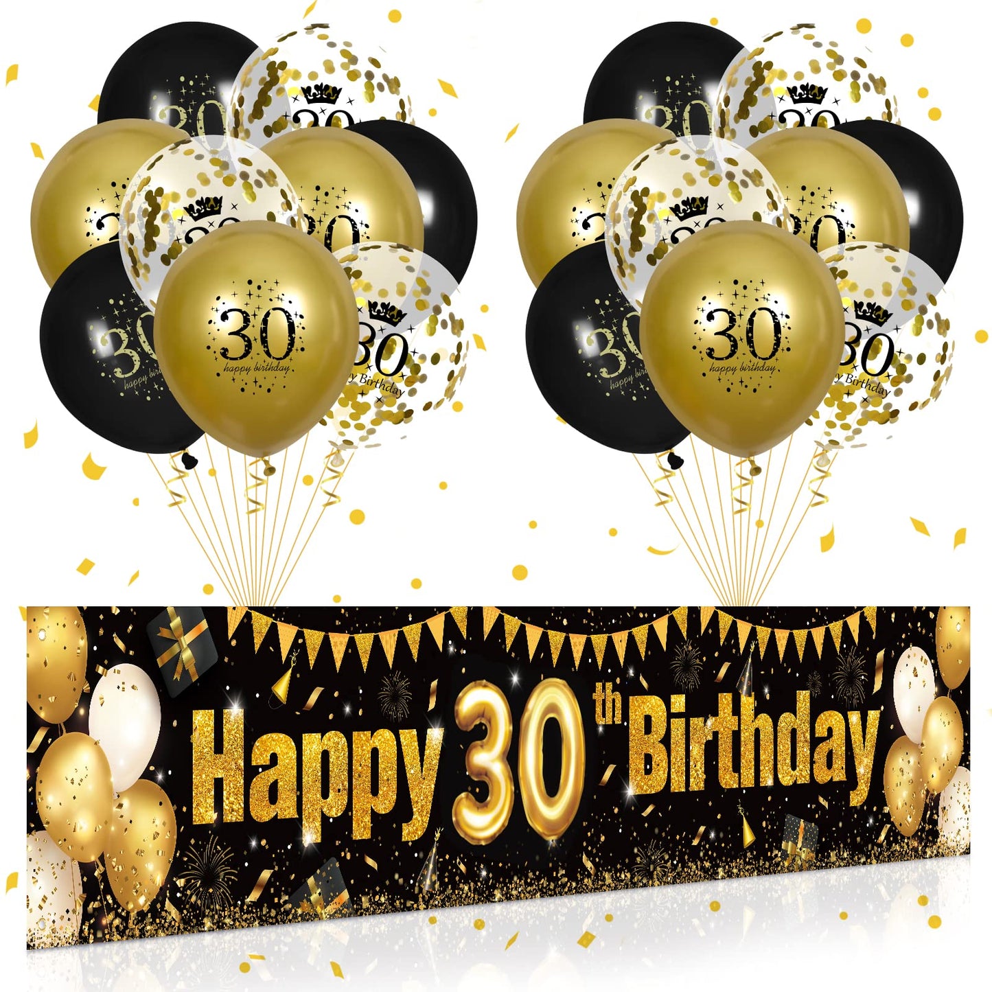 30Th Birthday Decorations For Men Women Black And Gold, Black Gold Birthday Yard Banner Sign And 18 Pcs 30Th Happy Birthday Balloons For 30Th Anniversary Birthday Party Supplies Outdoor Yard Decor