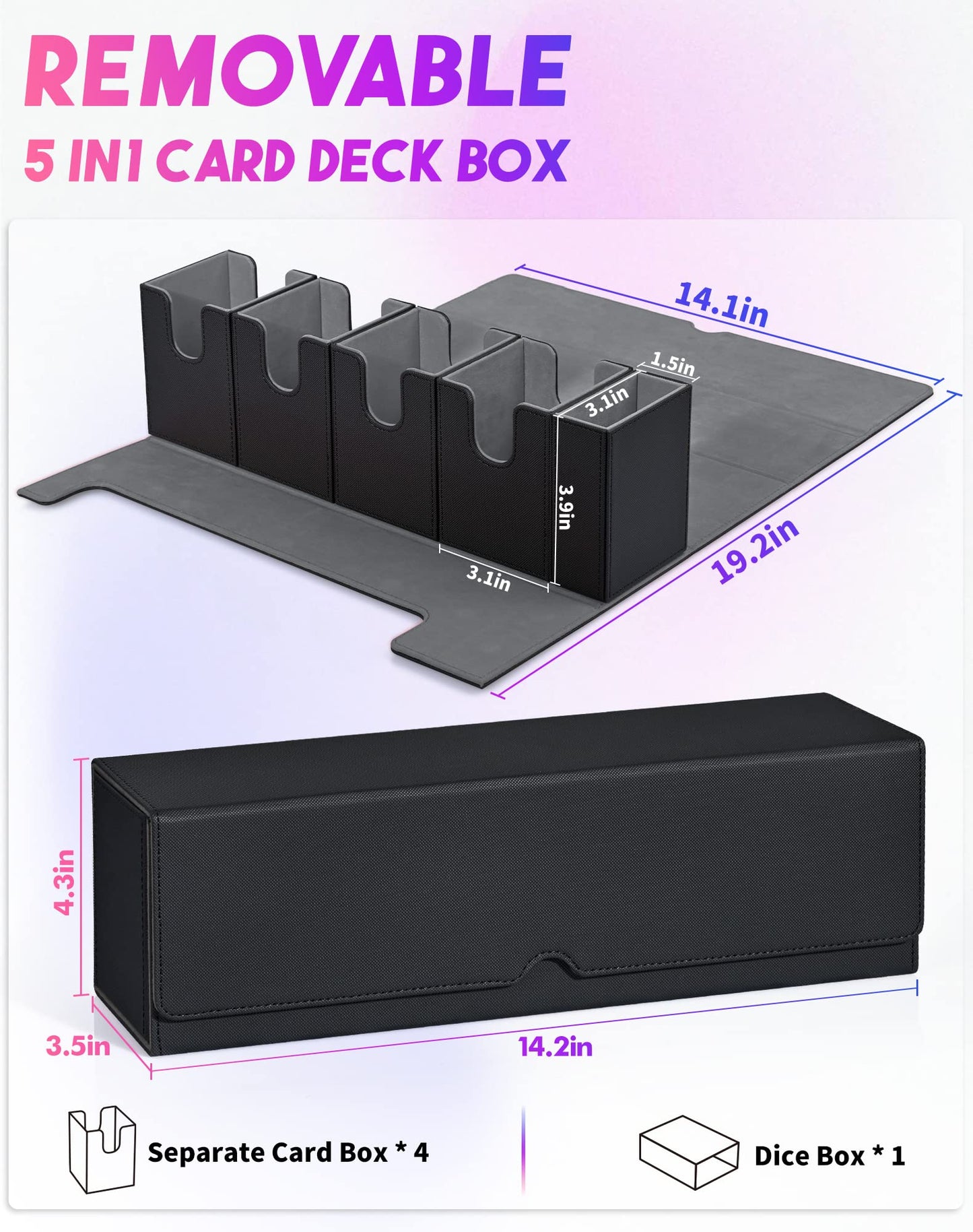 Uaono Card Deck Box With Dice Tray For Mtg, 5 In 1 Card Deck Case Holds 800+ Unsleeved Cards, Strong Magnet Organizer Compatible With Yugioh Tcg Sports Cards (Black)
