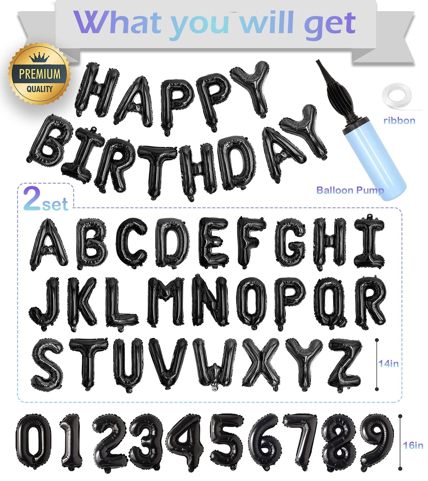 76Pcs Happy Birthday Balloon Banner, Black Balloons Letters, Personalized 16'' Mylar Foil Birthday Decorations Includes 2 Sets A