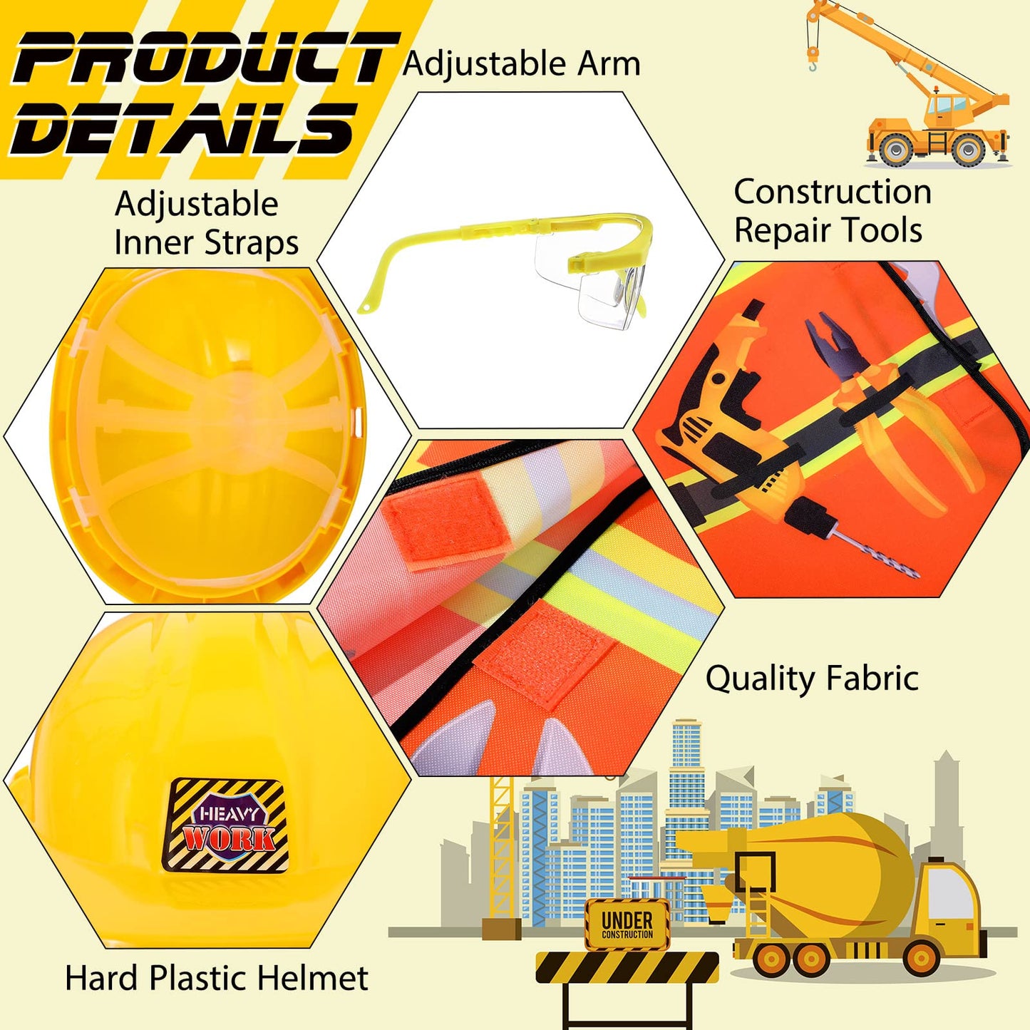 Handepo Construction Worker Costume Kids Hard Hat Construction Vest Goggles Toddler Dress Up Set Birthday Party Girls Boys(Yello