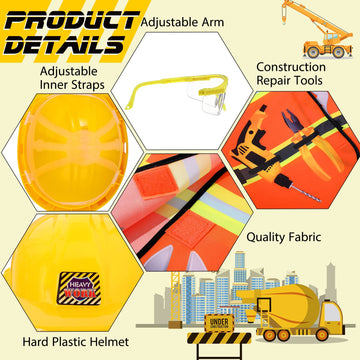 Handepo Construction Worker Costume Kids Hard Hat Construction Vest Goggles Toddler Dress Up Set Birthday Party Girls Boys(Yello