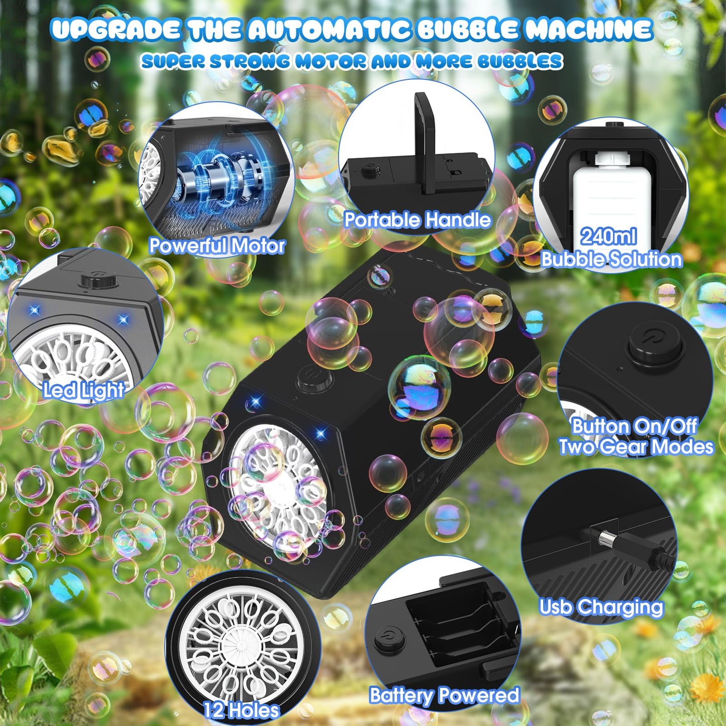 Panacare Automatic Bubble Machine Portable Bubble Blower With Led Lights /240Ml Bubble Solution/10000+ Bubbles Per Minute/12Holes Bubble For Outdoor/Indoor Wedding Party Birthday Gifts (Black)