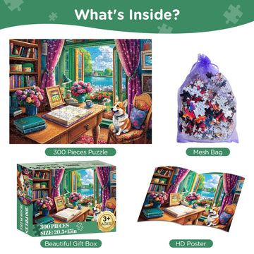 300 Pieces Puzzle for mature-themeds  Corgi Study Book Jigsaw Puzzles for Kids mature-themeds Seniors 300 Pieces  Glossy Sturdy Vibrant Puzzle 300 Piece  Challenging Jigsaw Puzzle Great Gift for Family Friends