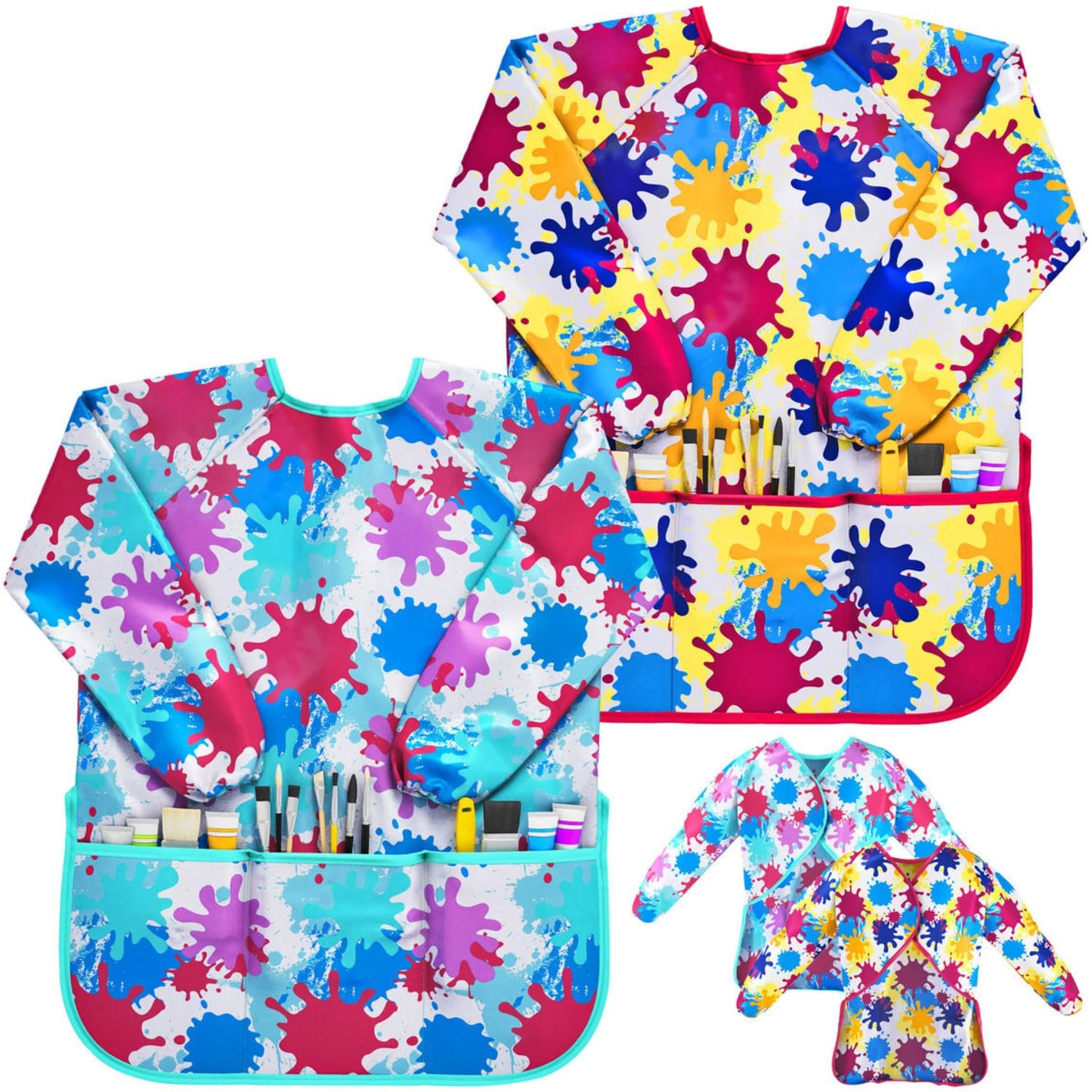 Art Smock Painting Apron - (Pack of 2) Long Sleeve and 2 Pockets for Arts & Crafts - Waterproof Artist Paint Shirt Colorful