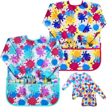 Art Smock Painting Apron - (Pack of 2) Long Sleeve and 2 Pockets for Arts & Crafts - Waterproof Artist Paint Shirt Colorful