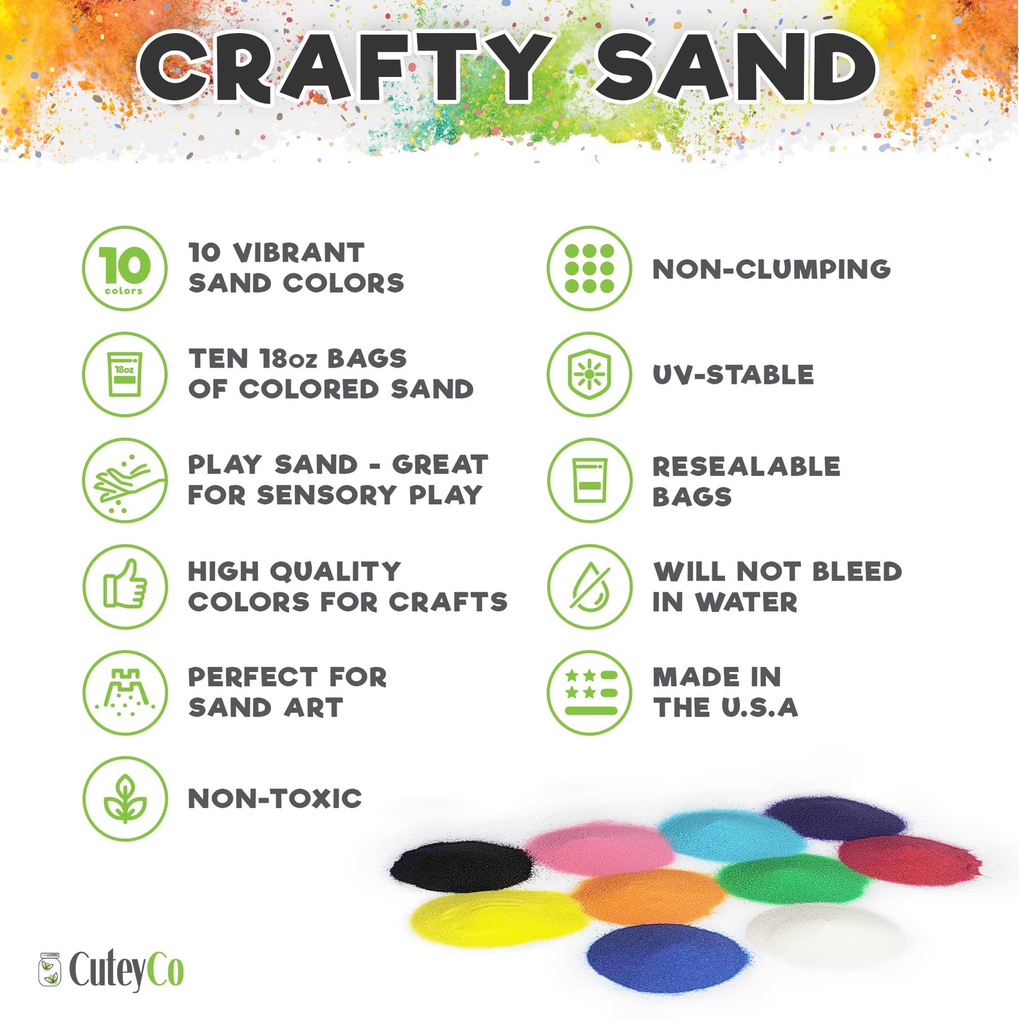 CuteyCo Crafty Sand for Kids - 10 Colors: 3 lbs of Vibrant Craft Sand & Play Sand