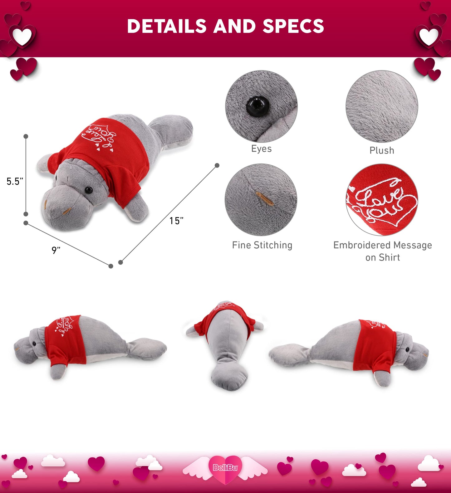 DolliBu I Love You Valentine Plush Wild Grey Manatee - Cute Soft Cuddly Stuffed Animal with Red Heart Shirt for Valentines Day  Birthday Present  Anniversary  Romantic Date - 15 Inches