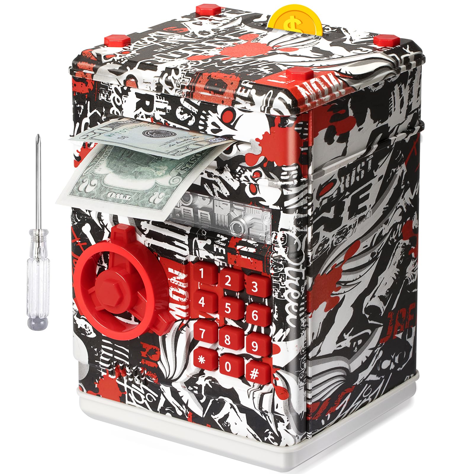 ATM Piggy Bank for Boys Girls  Vcertcpl Mini ATM Coin Bank Money Saving Box with Pasdecorative replica blade  Kids Safe Money Jar for mature-themeds with Auto Grab Bill Slot  Great Gift Toy Bank for Kids