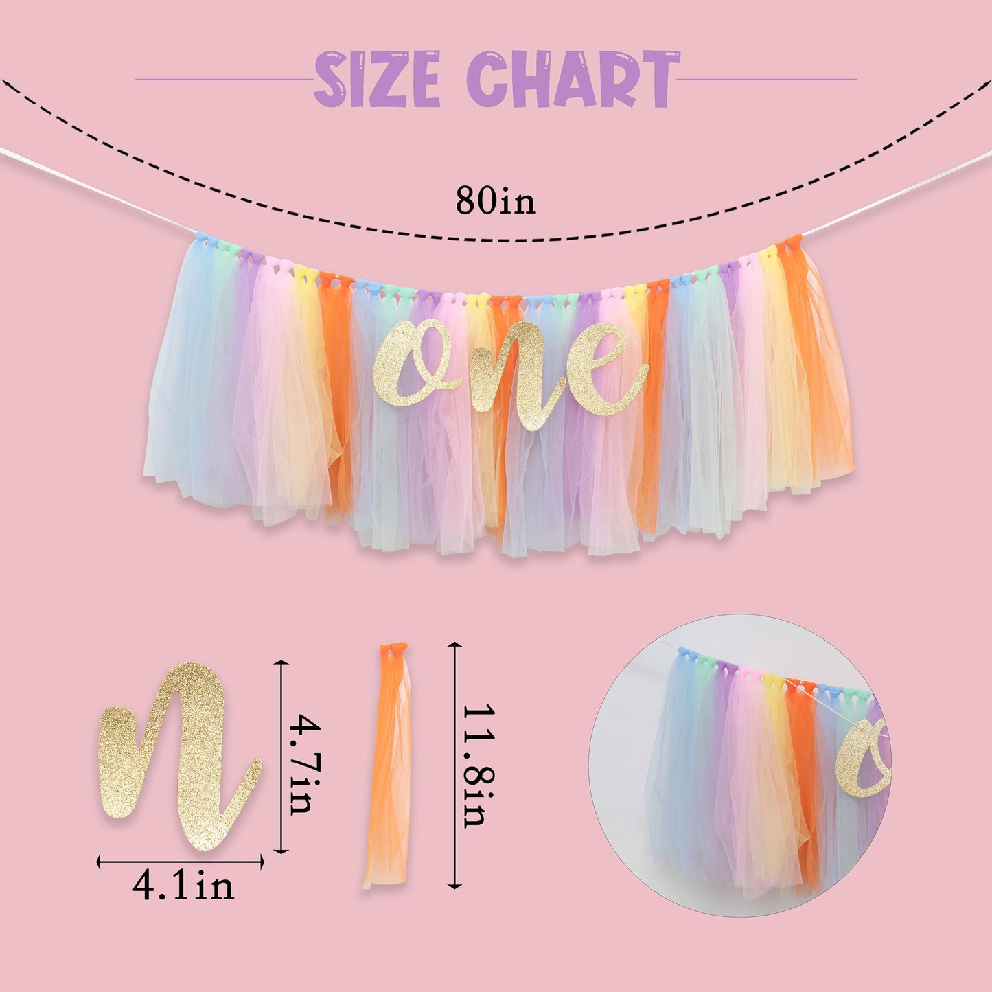 CANTLY Rainbow High Chair Banner for 1st Birthday - Unicorn Theme Party Decoration with Tulle Tutu, Adjustable One Pennant, 80