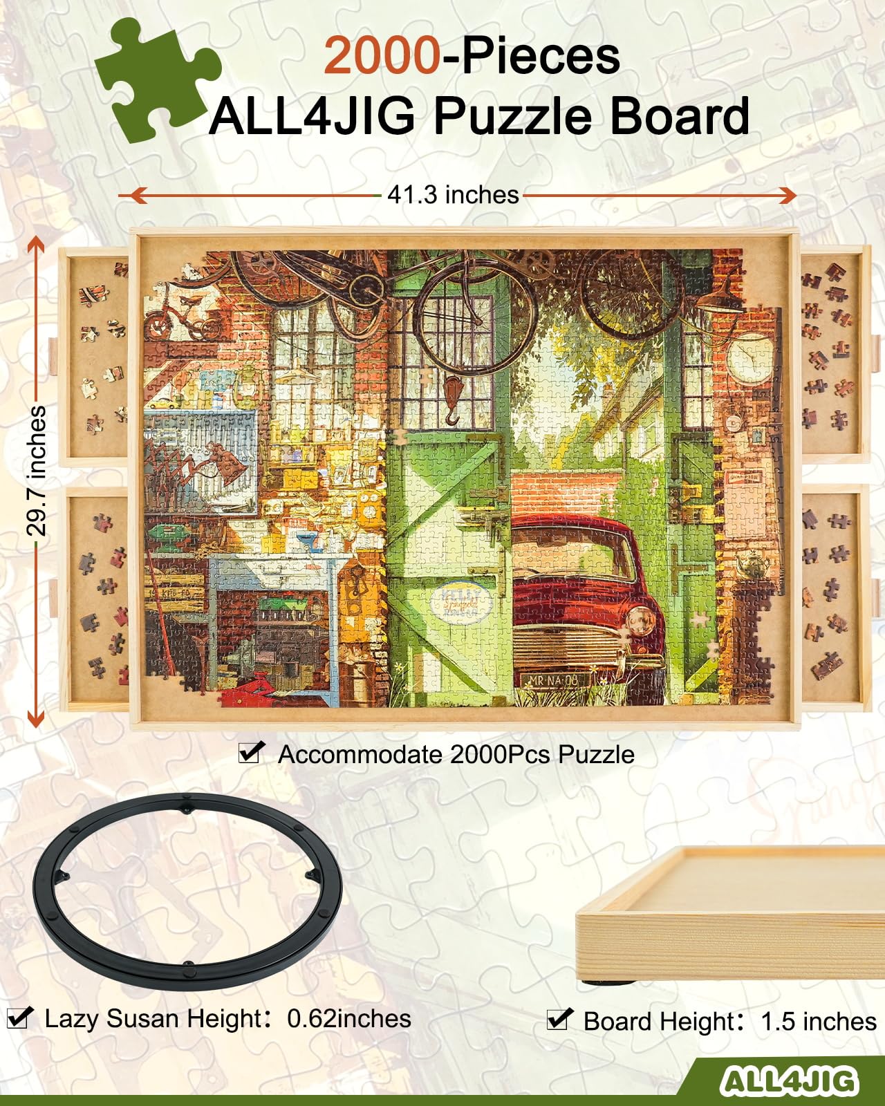 ALL4JIG Rotating Puzzle Board - 2000 Piece Wooden Table, 29.7"x41.3", Large with Drawers & Cover, Ideal Birthday Gift for Adults