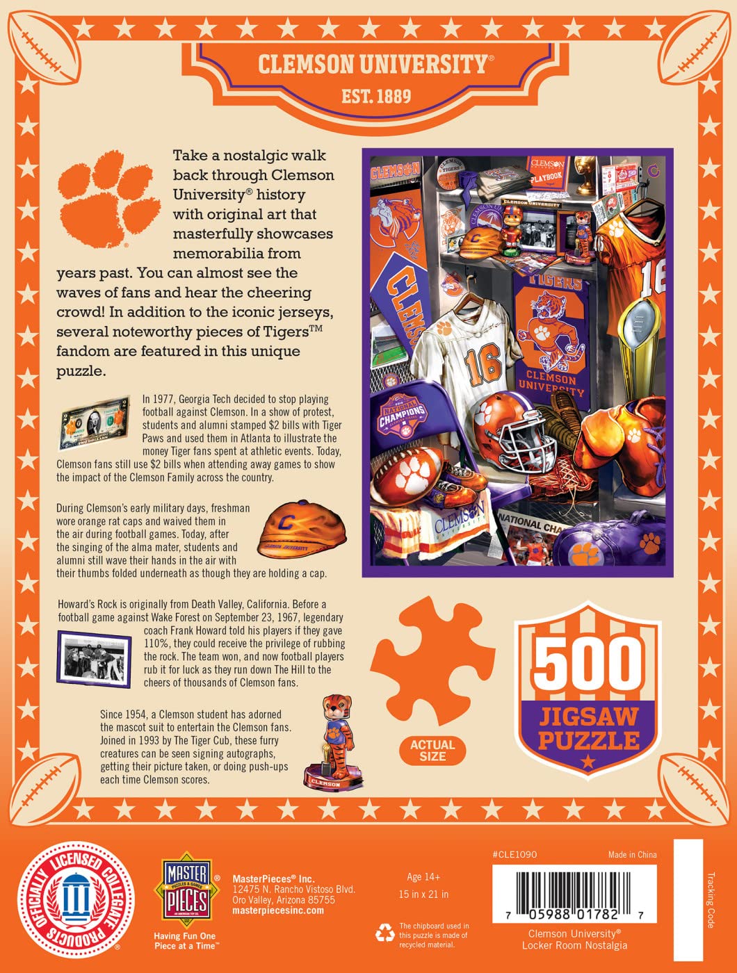MasterPieces Game Day 500 Piece Jigsaw Puzzle for Adults - NCAA Clemson Tigers Locker Room - 15x21