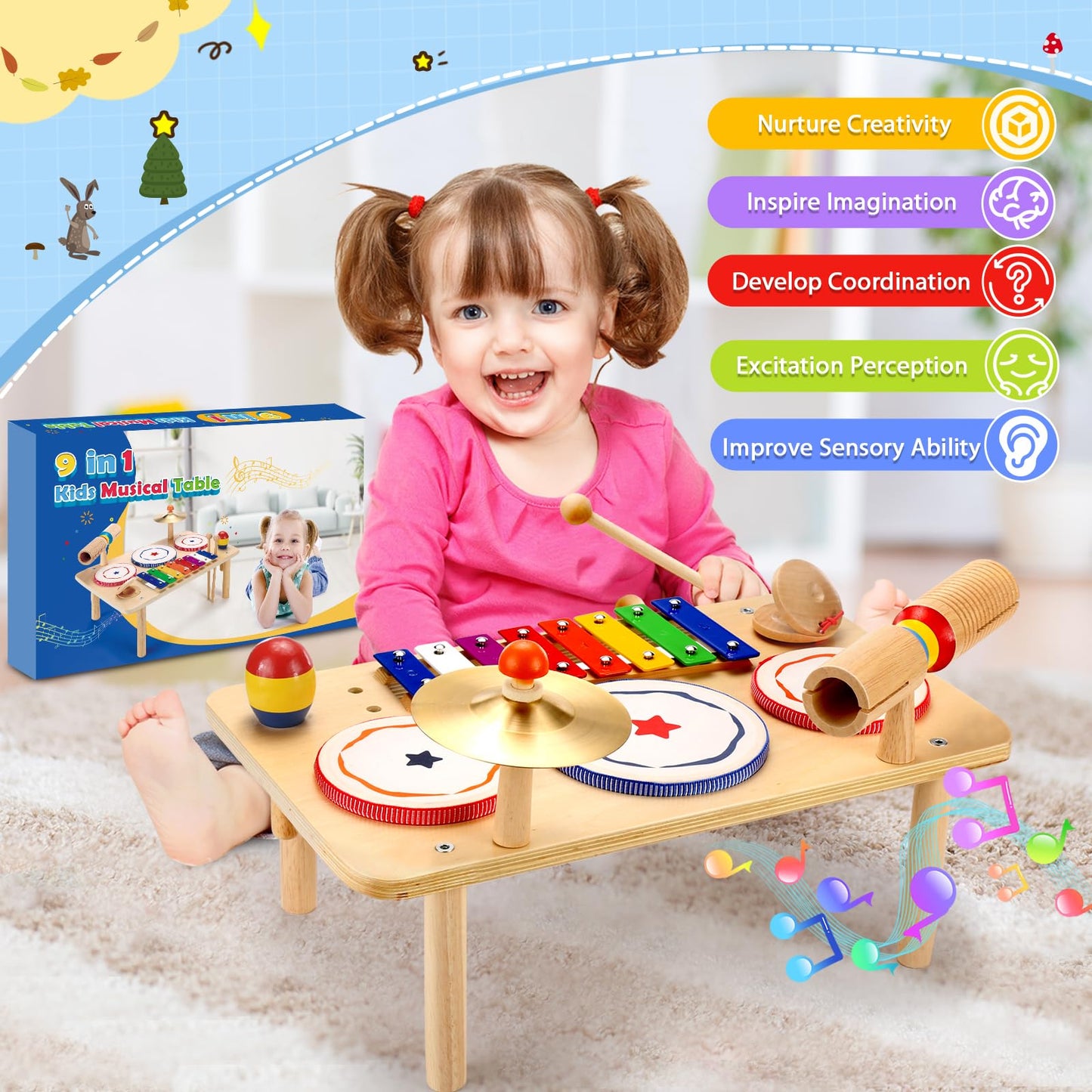 WINGYZ Baby Drum Set – 9-in-1 Wooden Musical Instruments, Montessori Music Toys, 16'' L x 10'' W x 10'' H, Multicolor, Model Xyl