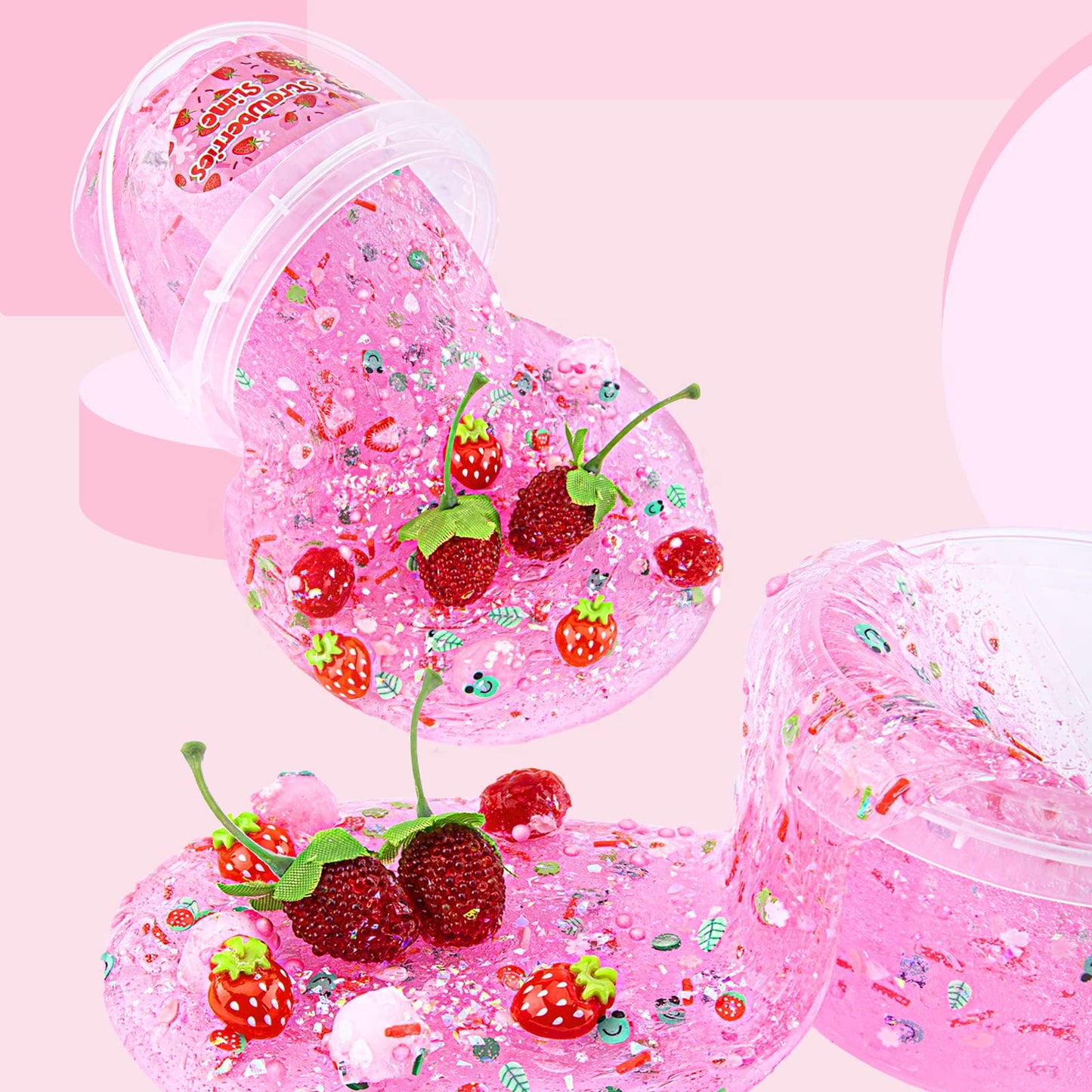 Crystal Slime, Pink Strawberry Jelly Cube Glimmer Crunchy Clear Slime With 8 Add-Ins, Idea Stress Relief Toy, Kids Party Favor, Birthday Easter Christmas New Year Gift For Girls & Boys Age 6 7 8 9 10+