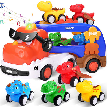 Funmission 5-In-1 Dinosaur Toys For Kids 3-5, Dinosaur Truck With 4 Pack Small Pull Back Dino Car, Dinosaur Cars Set, Birthday,