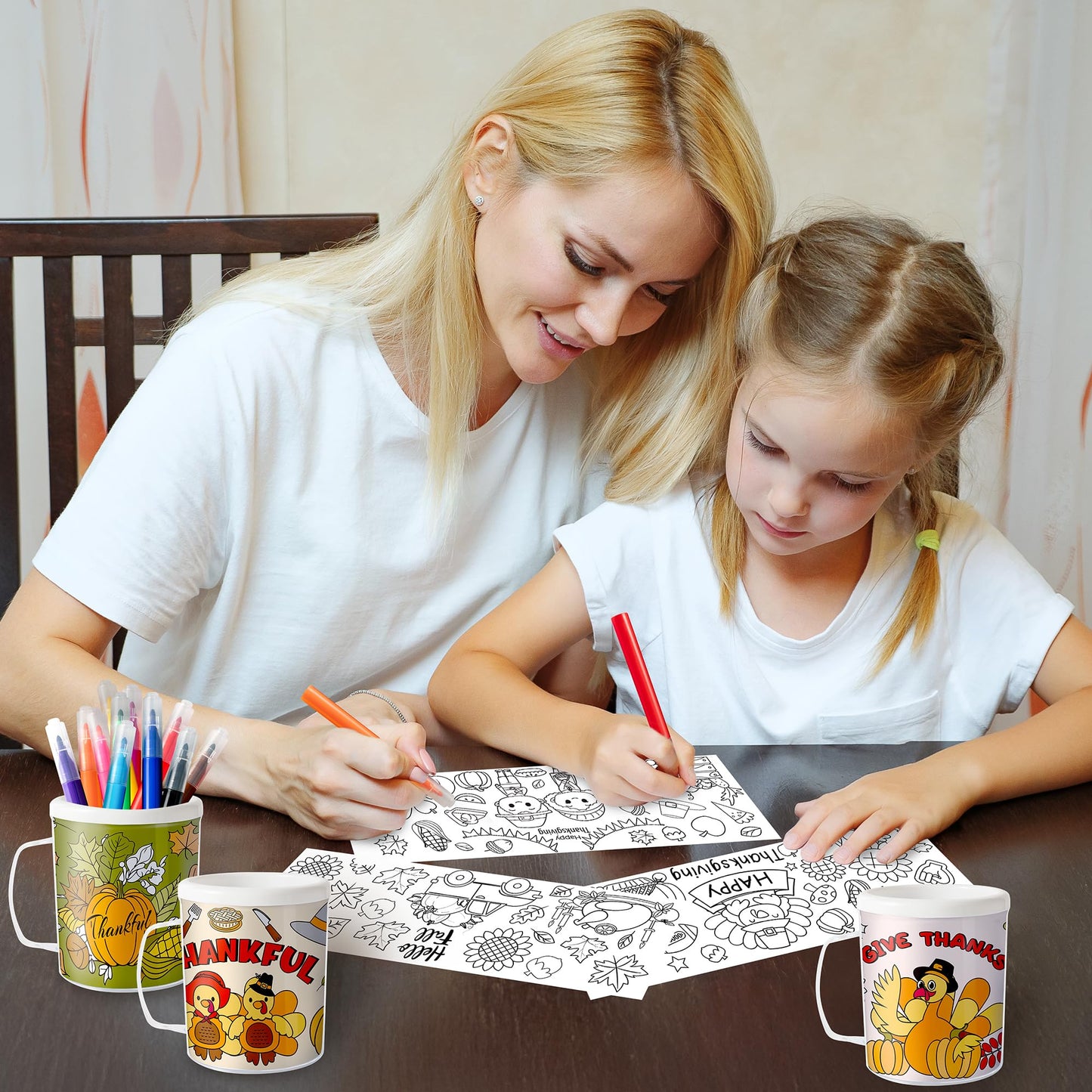 Thanksgiving Color Your Own Mugs for Kids-12Pcs Fall Bulk 8oz Personalized Coffee Mugs with 36Pcs Insert Paper Autumn Pumpkin Tu